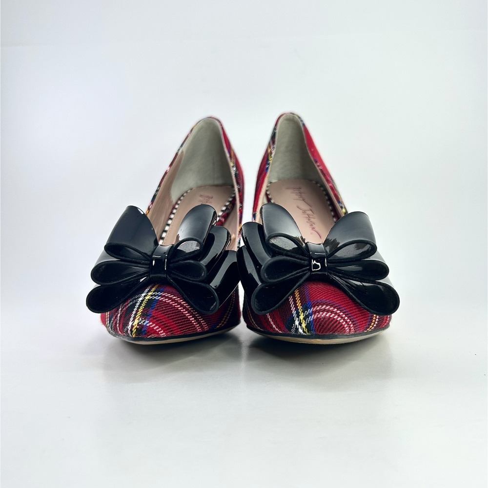 Betsey Johnson Bret Pumps 7 Red Tartan Plaid Black Bow Stiletto Cocktail Heels - Picture 10 of 12